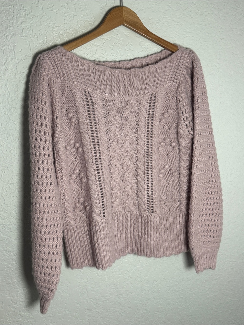 LoveShackFancy Chunky Cable Knit Boat Neck Sweater Mauve Purple Alpaca Cozy